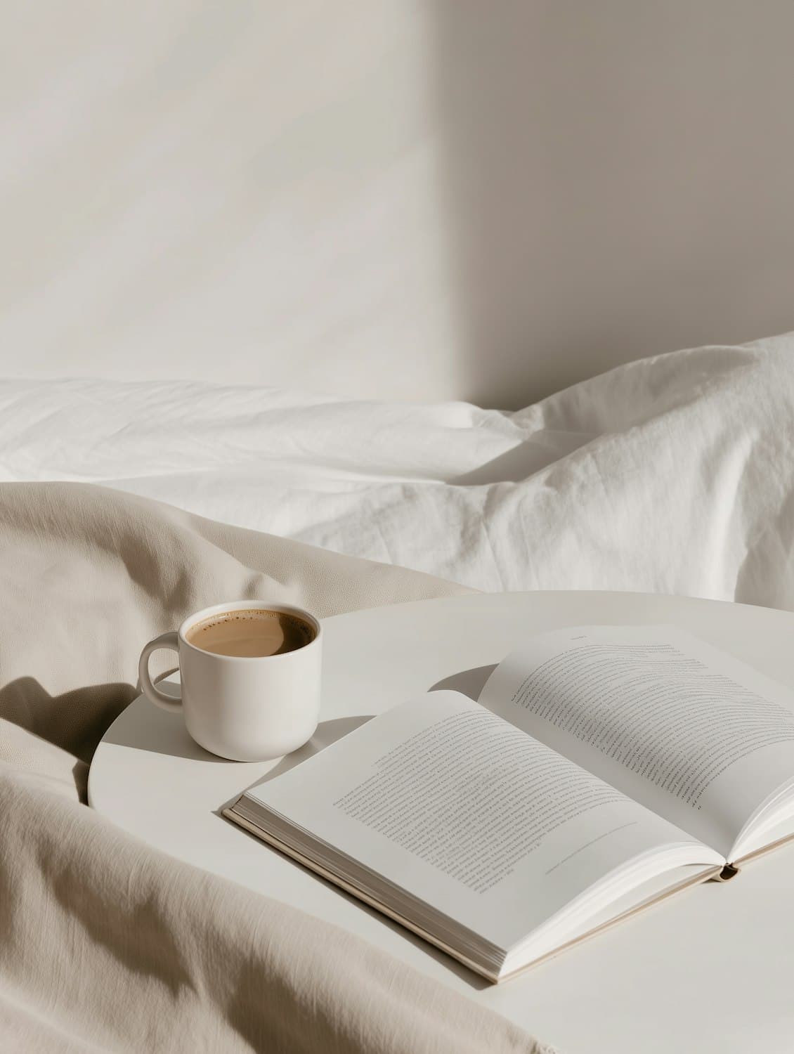 A cup of coffee next to an open book on a slow morning