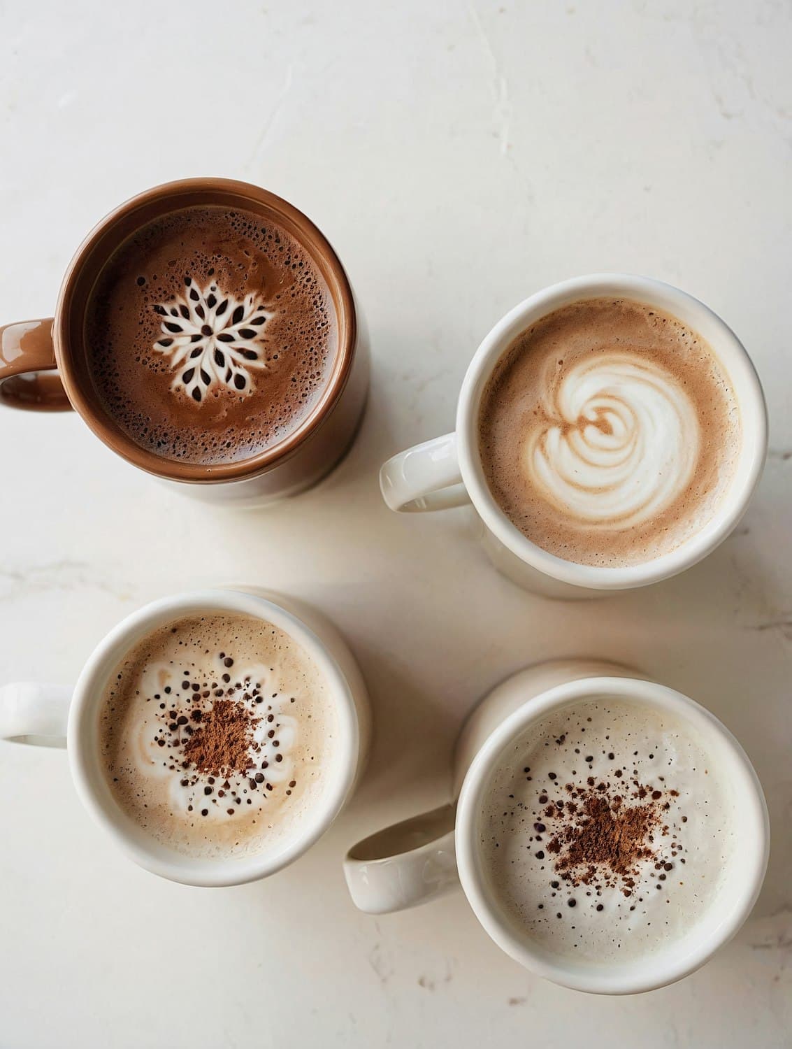 Four lattes with latte art and a dusting of cocoa, seen from above
